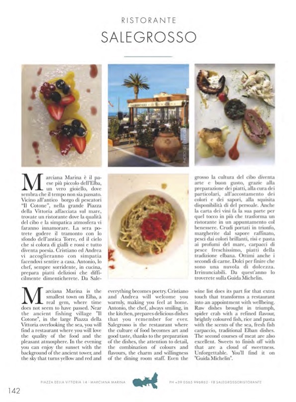 Articolo sul Ristorante SALEGROSSO del magazine Enjoy Elba 2020