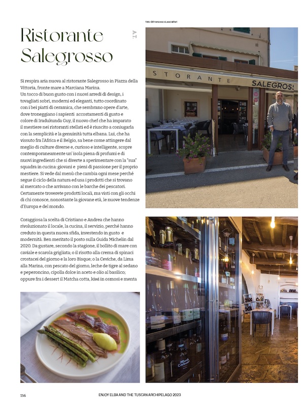 Articolo sul Ristorante SALEGROSSO del magazine Enjoy Elba and Tuscan Archipelago 2023