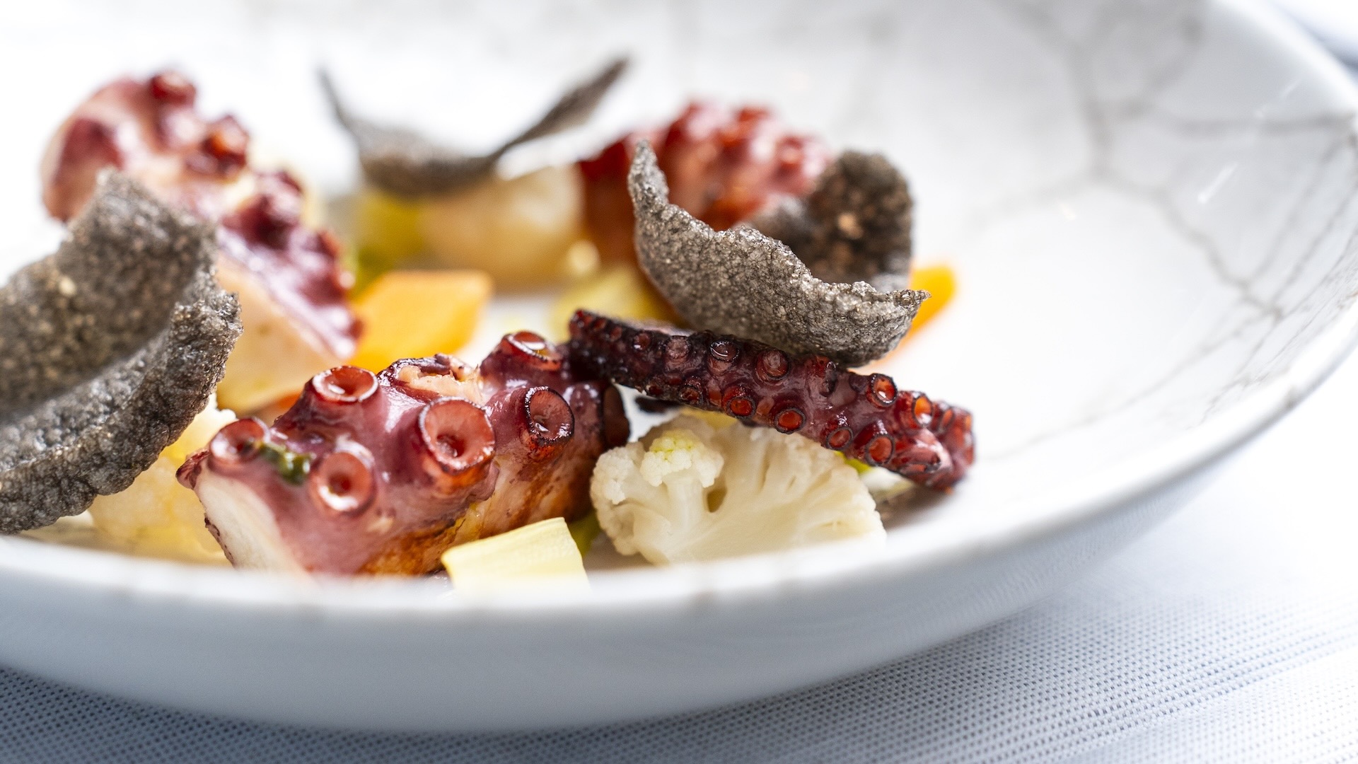 Polpo arrosto, giardiniera, maionese al prezzemolo e chips di tapioca al nero - Ristorante SALEGROSSO