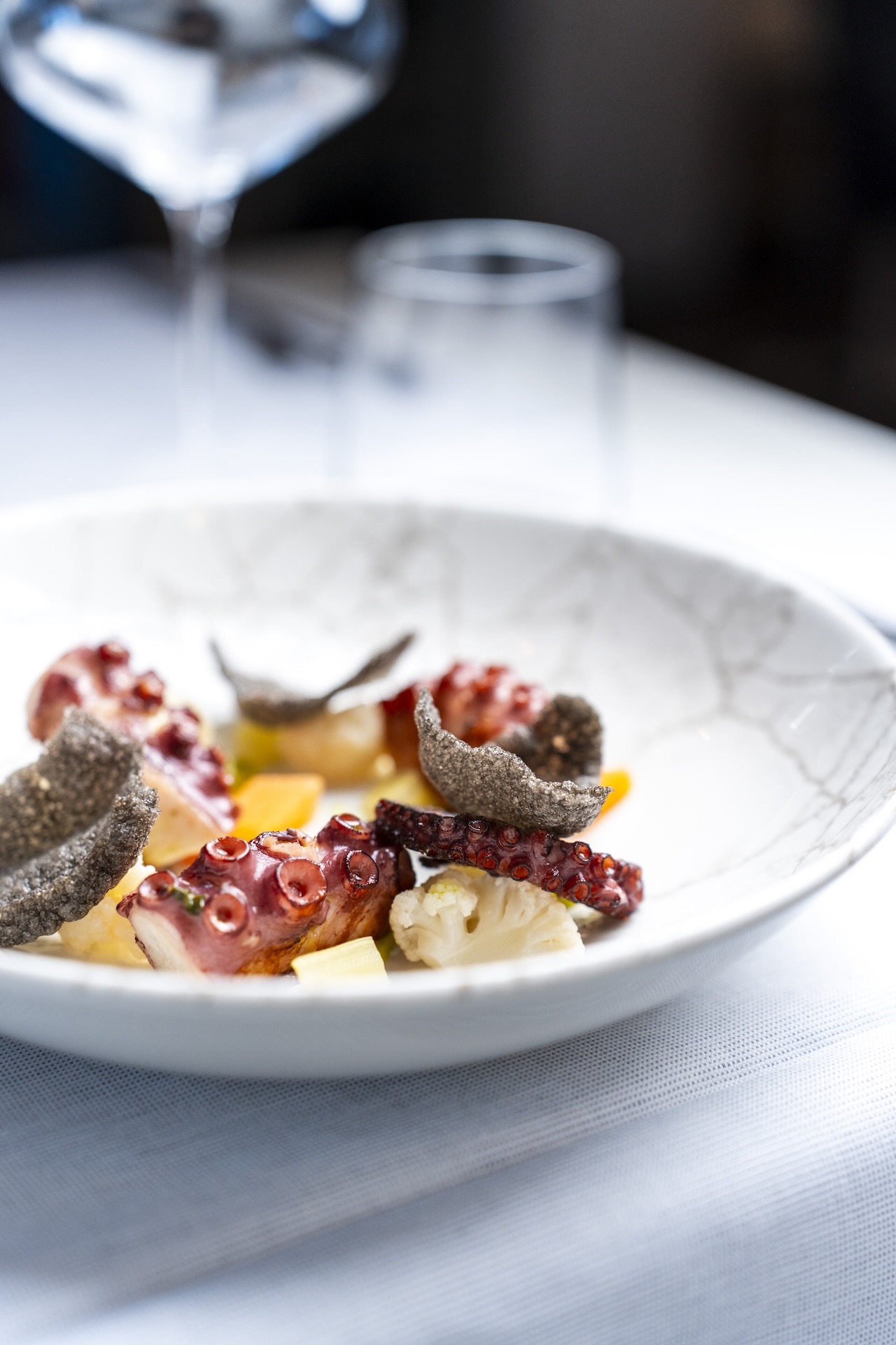 Polpo arrosto, giardiniera, maionese al prezzemolo e chips di tapioca al nero - Ristorante SALEGROSSO
