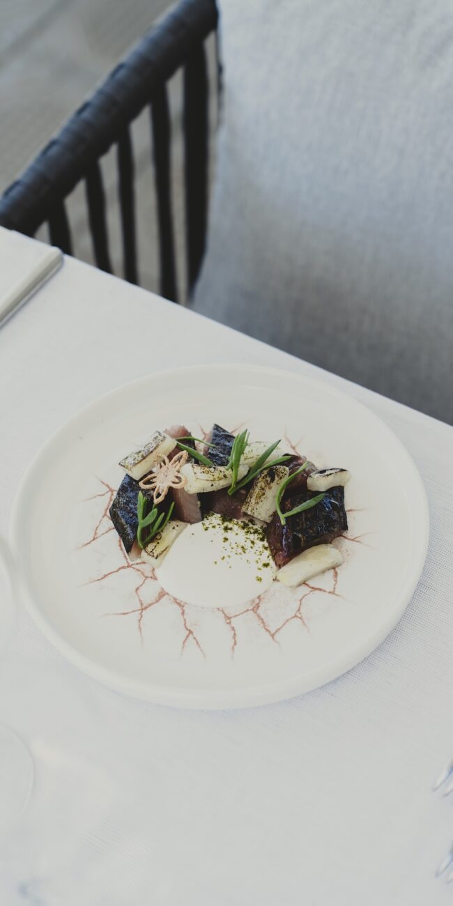 Piatto gourmet con pesce scottato, crema delicata e verdure del ristorante Salegrosso